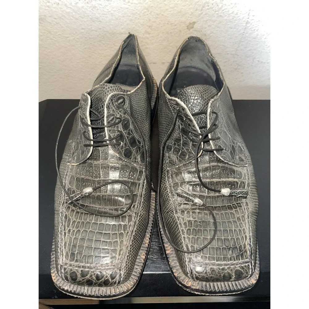 David Eden Lizard Alligator Green Oxford Square Toe‎ Dress Shoes Men's Size 8.5